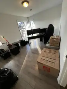 Movers carrying boxes and household items into a home