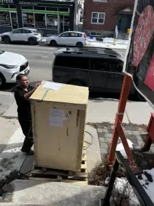 Professional movers unloading boxes and household items at a new home